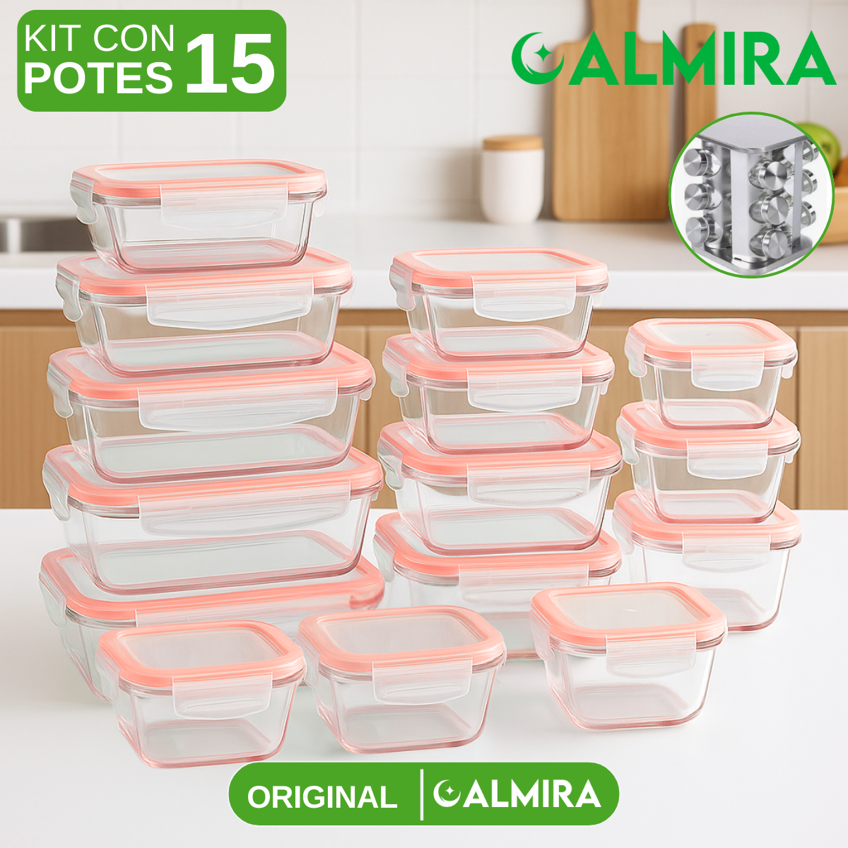 Conjunto de Recipientes Organizadores de Vidrio Templado con Tapa Antiderrame +REGALO: Porta Condimentos