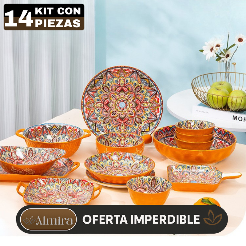 Juego de Comedor Completo de 14 Piezas en Cerámica con Estampa Elegante y Diseño Atemporal