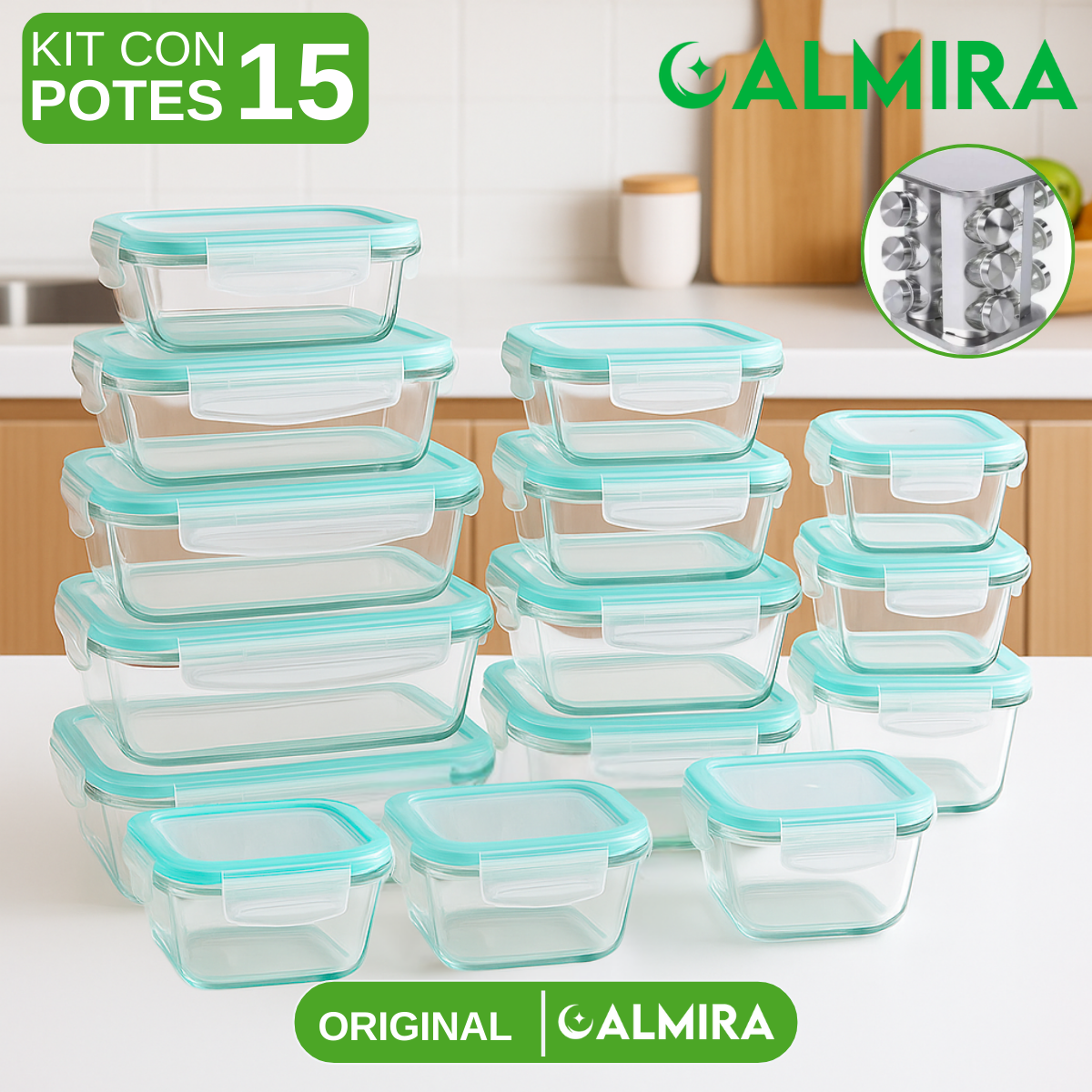 Conjunto de Recipientes Organizadores de Vidrio Templado con Tapa Antiderrame +REGALO: Porta Condimentos