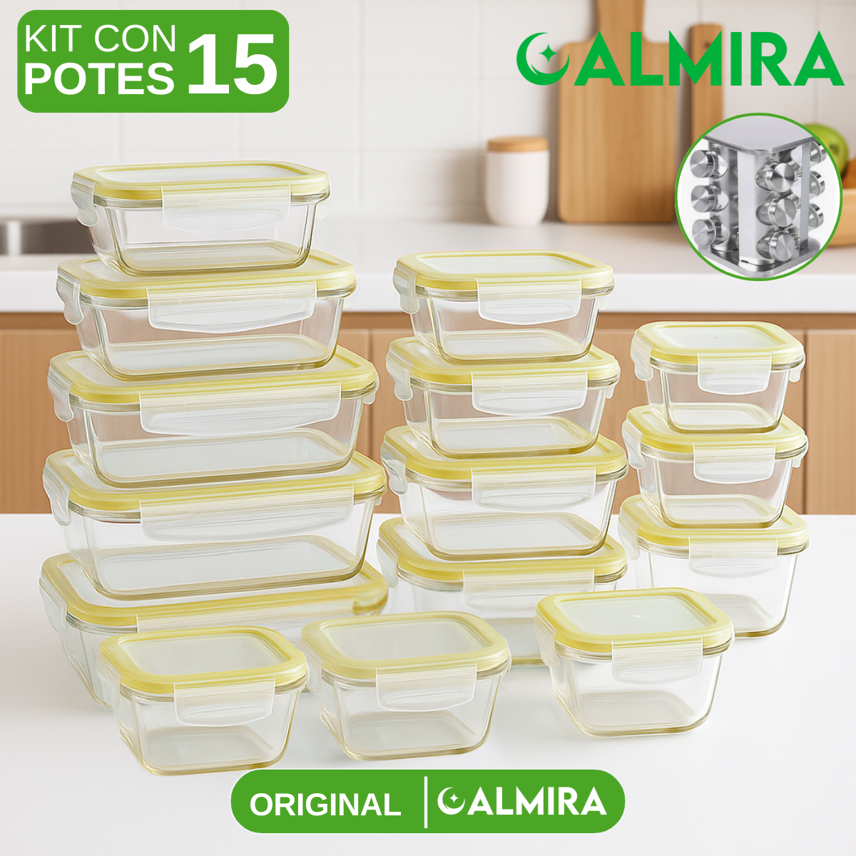 Conjunto de Recipientes Organizadores de Vidrio Templado con Tapa Antiderrame +REGALO: Porta Condimentos