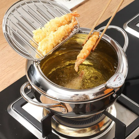 Fritadeira de Acero Inoxidable con Medidor de Temperatura y Escurridor Incorporado + Kit de Utensilios de Cocina