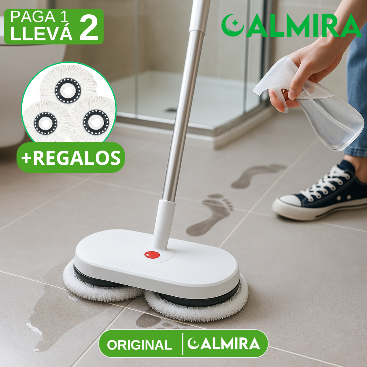 [Comprá 1 Llevá 2] Mopa Eléctrica Inteligente sin Cable con Spray Automático +3 Repuestos Gratis