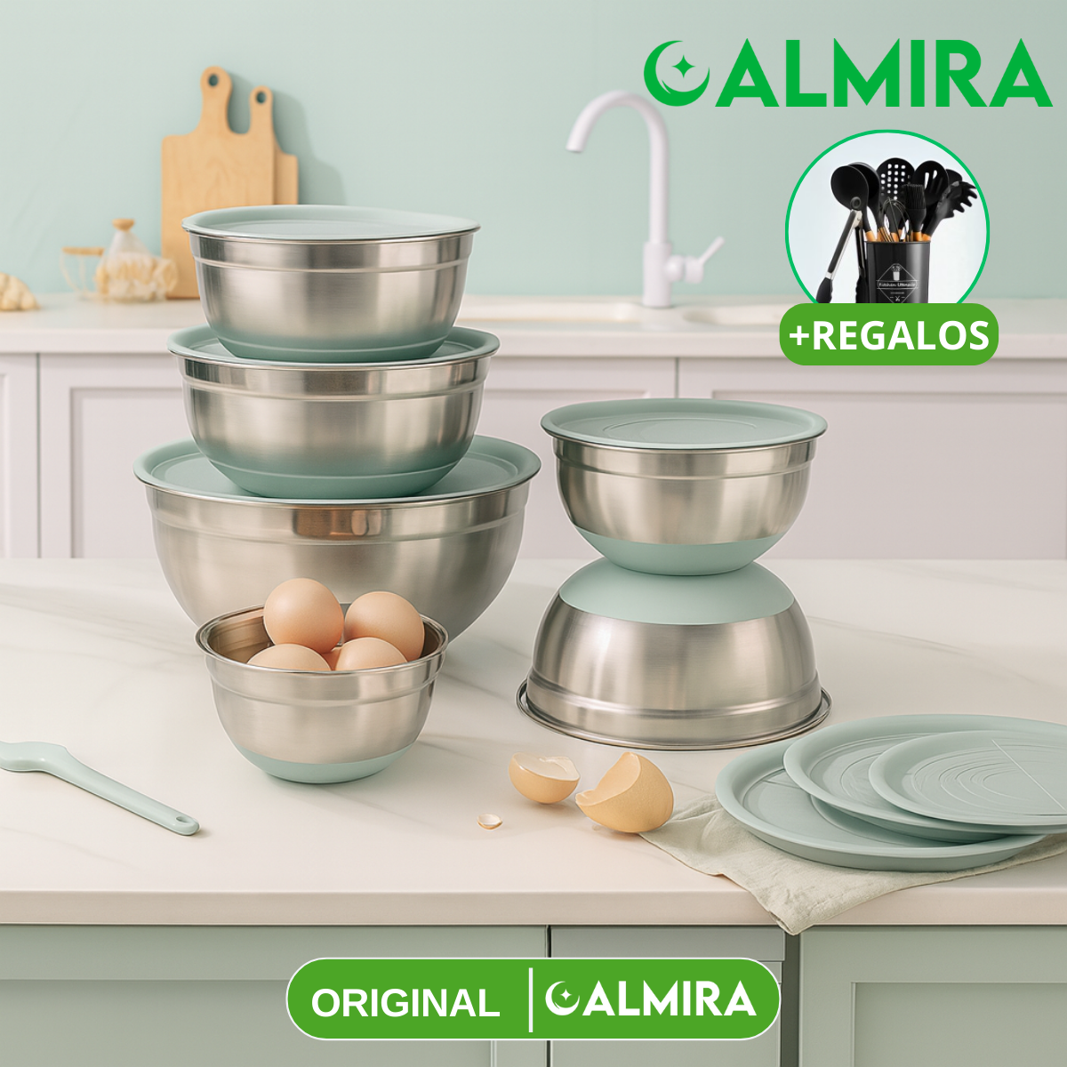 Conjunto de 6 Recipientes de Acero Inoxidable con Tapas de Silicona Multifuncionales + REGALO: Kit de Utensilios de Cocina