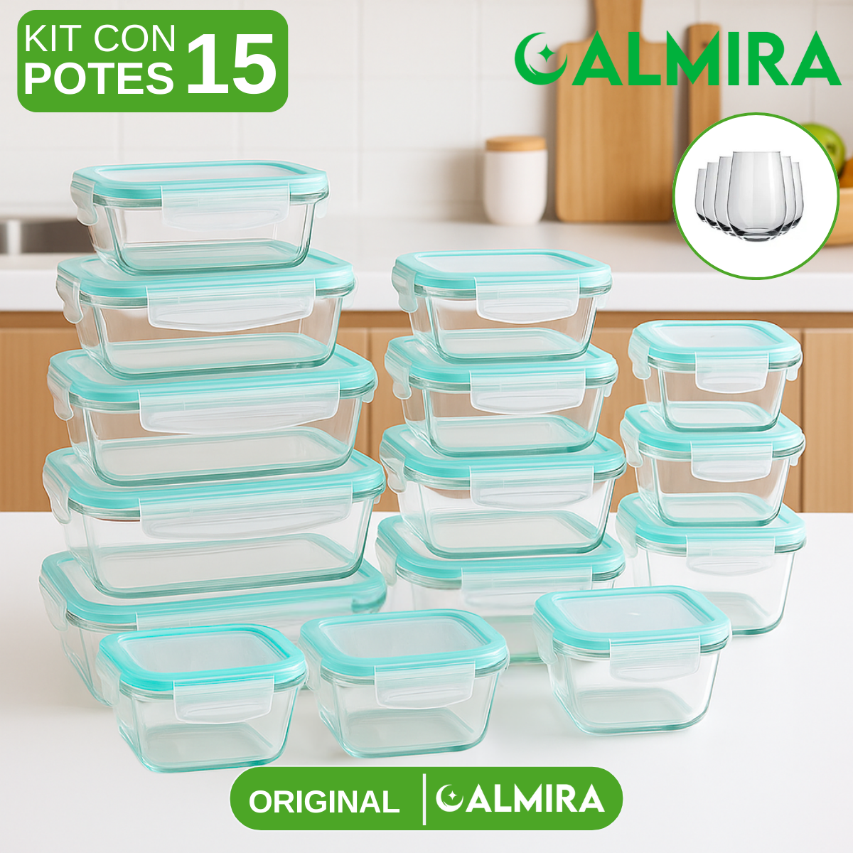 Kit con 15 Frascos Herméticos de Vidrio + 10 Vasos de Vidrio Aruba de Regalo