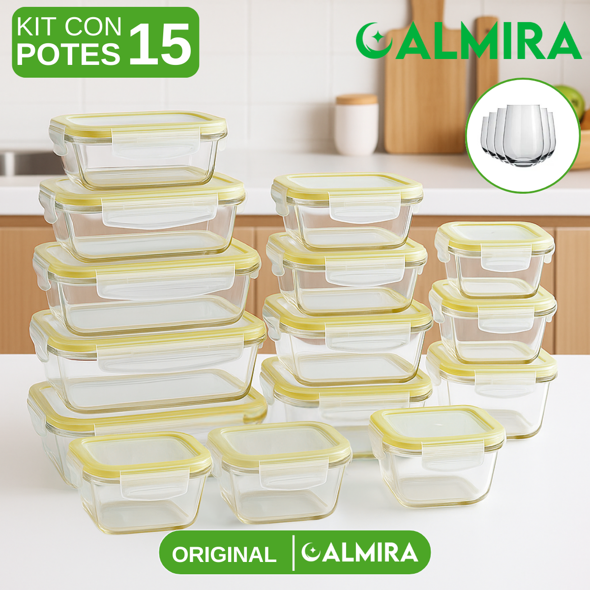 Kit con 15 Frascos Herméticos de Vidrio + 10 Vasos de Vidrio Aruba de Regalo