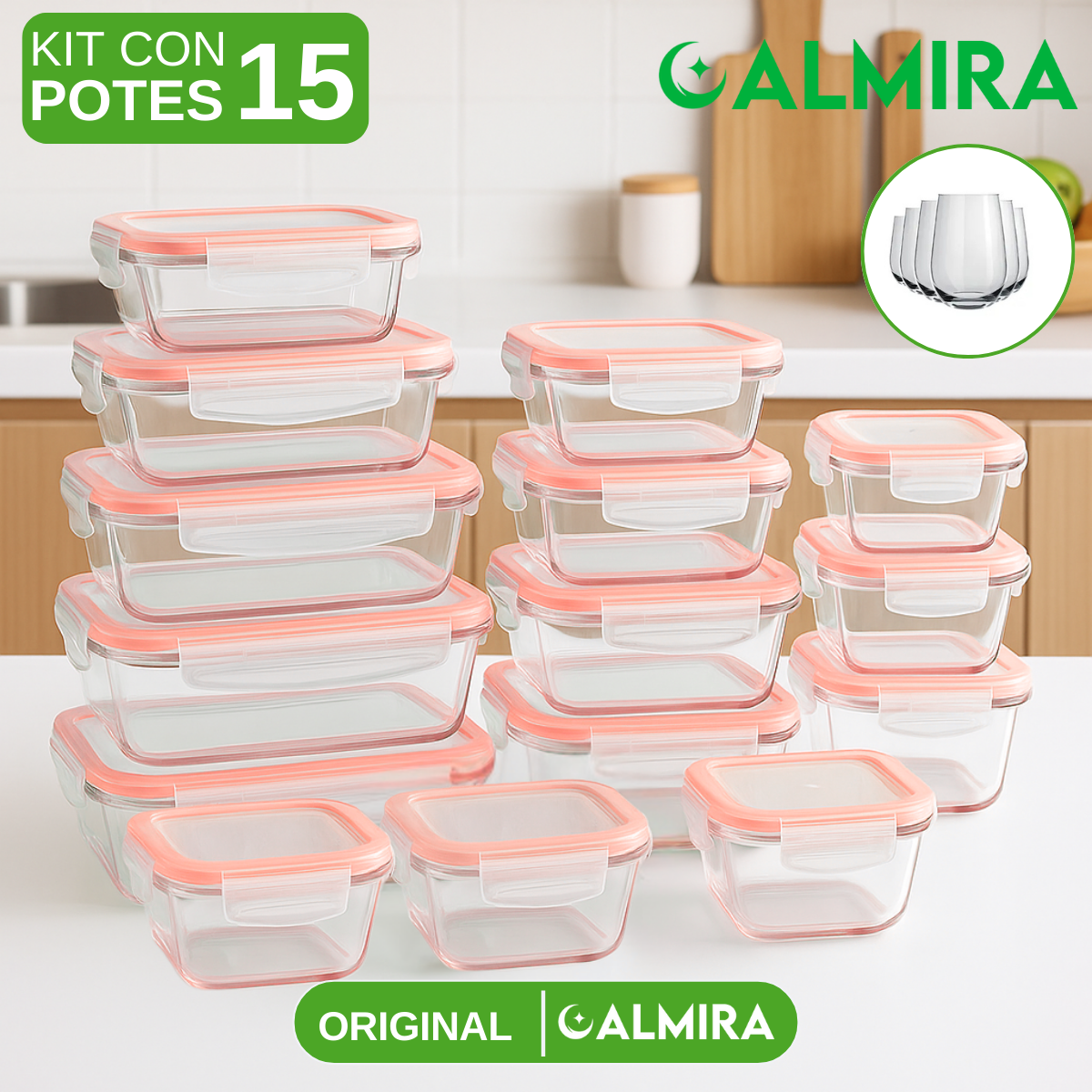 Kit con 15 Frascos Herméticos de Vidrio + 10 Vasos de Vidrio Aruba de Regalo