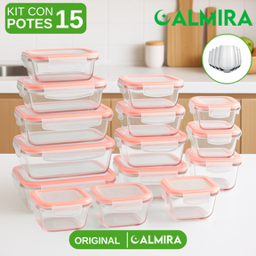 Kit con 15 Frascos Herméticos de Vidrio + 10 Vasos de Vidrio Aruba de Regalo