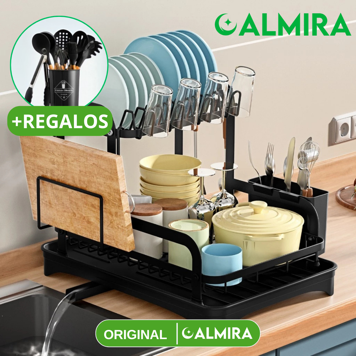 Escurridor 3 en 1 de Acero Inoxidable Multifuncional con Asas Plegables y Base Antideslizante + REGALO: Kit de Utensilios de Cocina