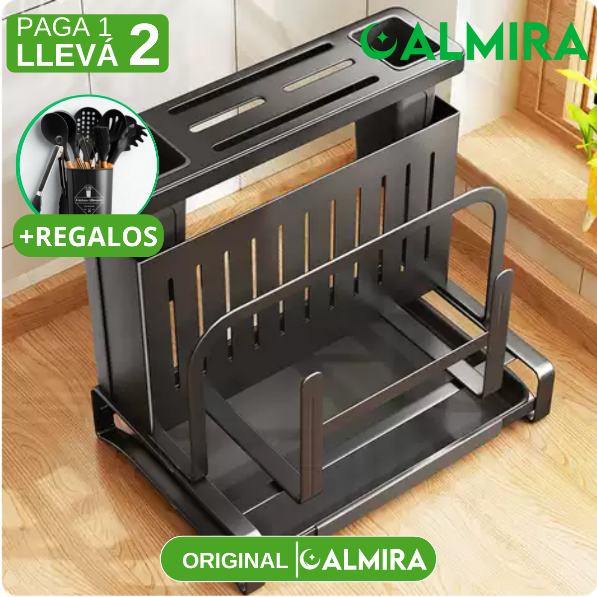 [Llevá 2 Pagá 1] Escurridor Inteligente Multifuncional en Acero Inoxidable con Gran Capacidad y Diseño Moderno + REGALO: Kit de Utensilios