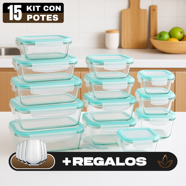 Kit con 15 Frascos Herméticos de Vidrio + 10 Vasos de Vidrio Aruba [¡ÚLTIMAS UNIDADES EN STOCK!]