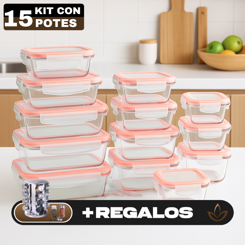 Conjunto de Recipientes Organizadores de Vidrio Templado con Tapa Antiderrame +REGALO: Porta Condimentos