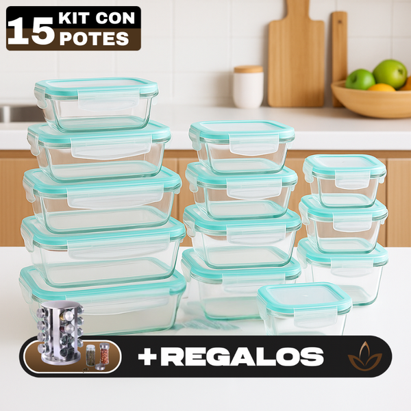 Conjunto de Recipientes Organizadores de Vidrio Templado con Tapa Antiderrame +REGALO: Porta Condimentos