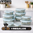 Kit de 10 Frascos Herméticos de Vidrio Templado con Tapa Sellada y Trabas + REGALO: Kit de Utensilios de Cocina